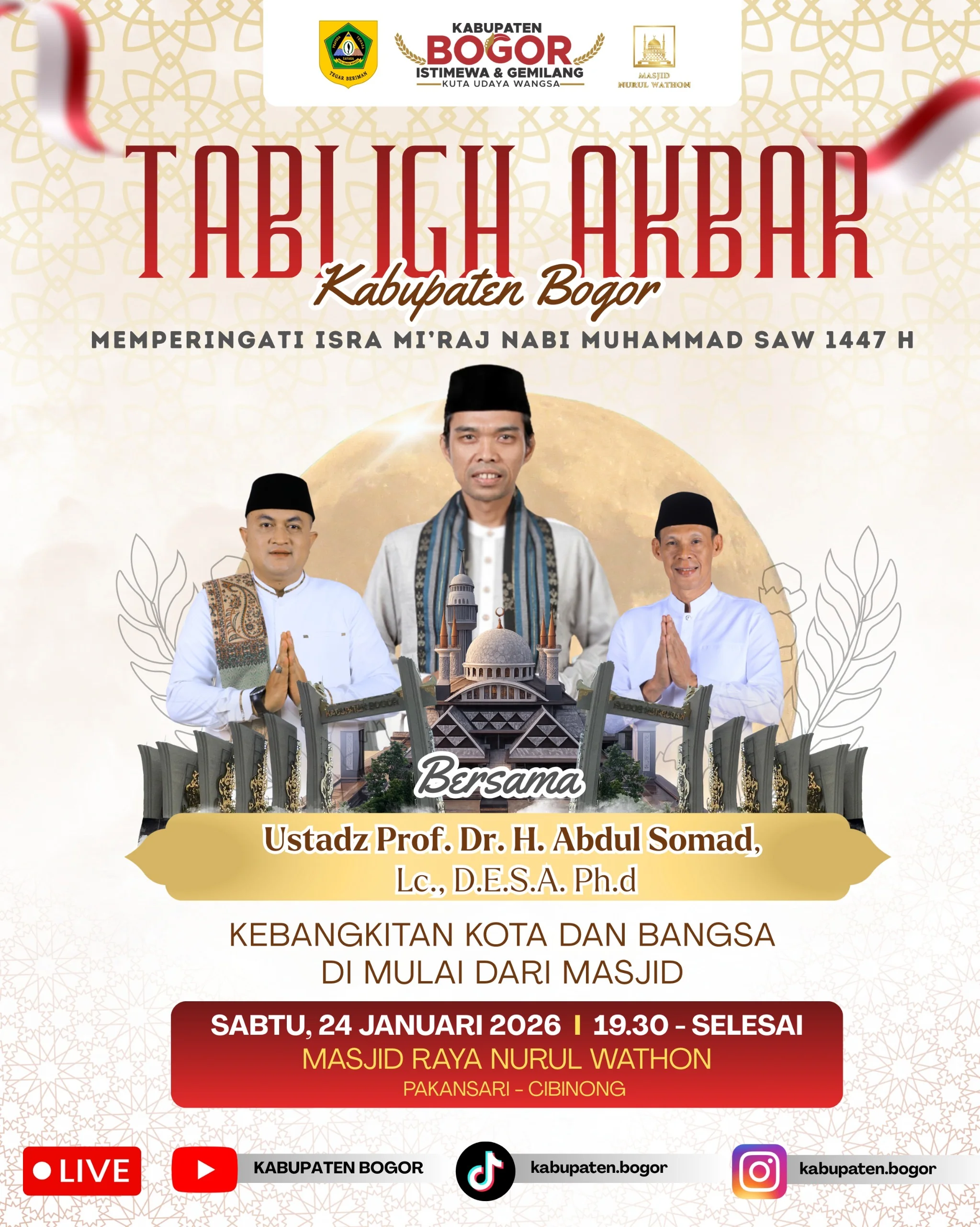 Bupati Bogor Rudy Susmanto dijadwalkan menghadiri dan menghadirkan Ustadz Abdul Somad (UAS) dalam rangka peringatan Isra Mi’raj Nabi Muhammad SAW yang akan digelar di Masjid Nurul Wathon.Dok-Diskominfo Kab Bogor