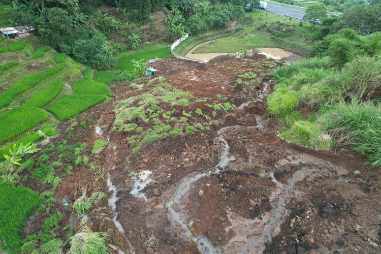 Lahan persawahan di Kampung Tegallaja, Desa Suktani, Kecamatan Ngamprah, Kabupaten Bandung Barat (KBB), Jawa Barat mengalami longsor mengancam badan jalan Tol Cipularang KM 118, Kamis,  23 Oktober 2025.
dok. BPBD Bandung Barat