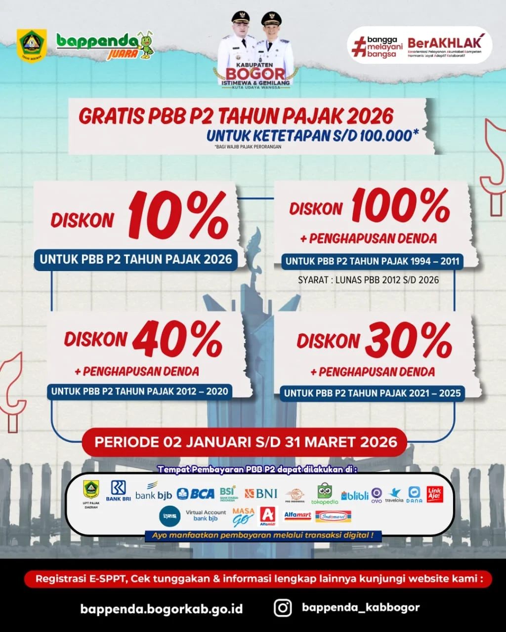 Pemerintah Kabupaten Bogor melalui Badan Pengelolaan Pendapatan Daerah (Bappenda) resmi meluncurkan program relaksasi pajak Bumi dan Bangunan Perdesaan dan Perkotaan (PBB-P2) tahun 2026.Dok-Diskomimfo Kab Bogor