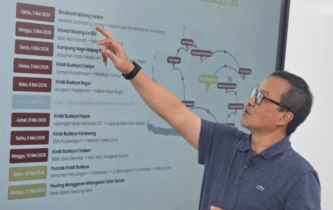Kepala Dinas Pariwisata dan Kebudayaan Provinsi Jawa Barat, Iendra Sofyan, saat memaparkan kegiatan kirab akan berlangsung mulai 2 Mei 2026 hingga 18 Mei 2026.