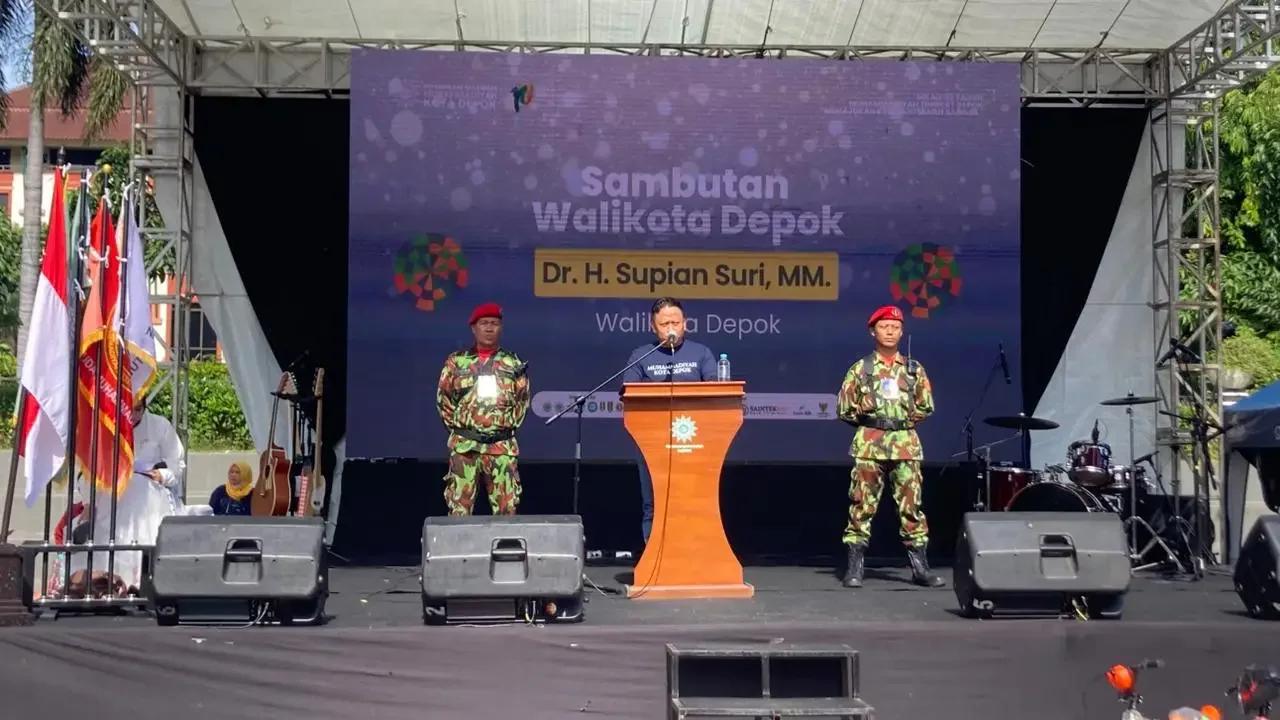 Wali Kota Depok, Supian Suri saat memberikan sambutan pada Puncak Syiar Milad ke-113 Muhammadiyah tingkat Kota Depok, Sabtu (22/11/25). (Foto: Diskominfo Depok)