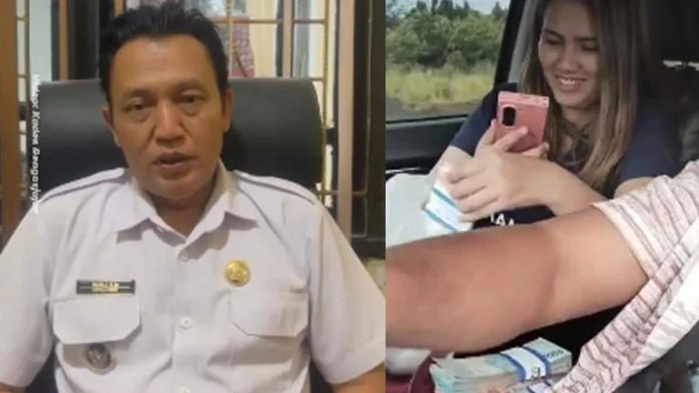Rusli Kades Rengasjajar Bogor (kiri), sementara istri Kades pamer uang (kanan).  (Ft Tribun Bogor)