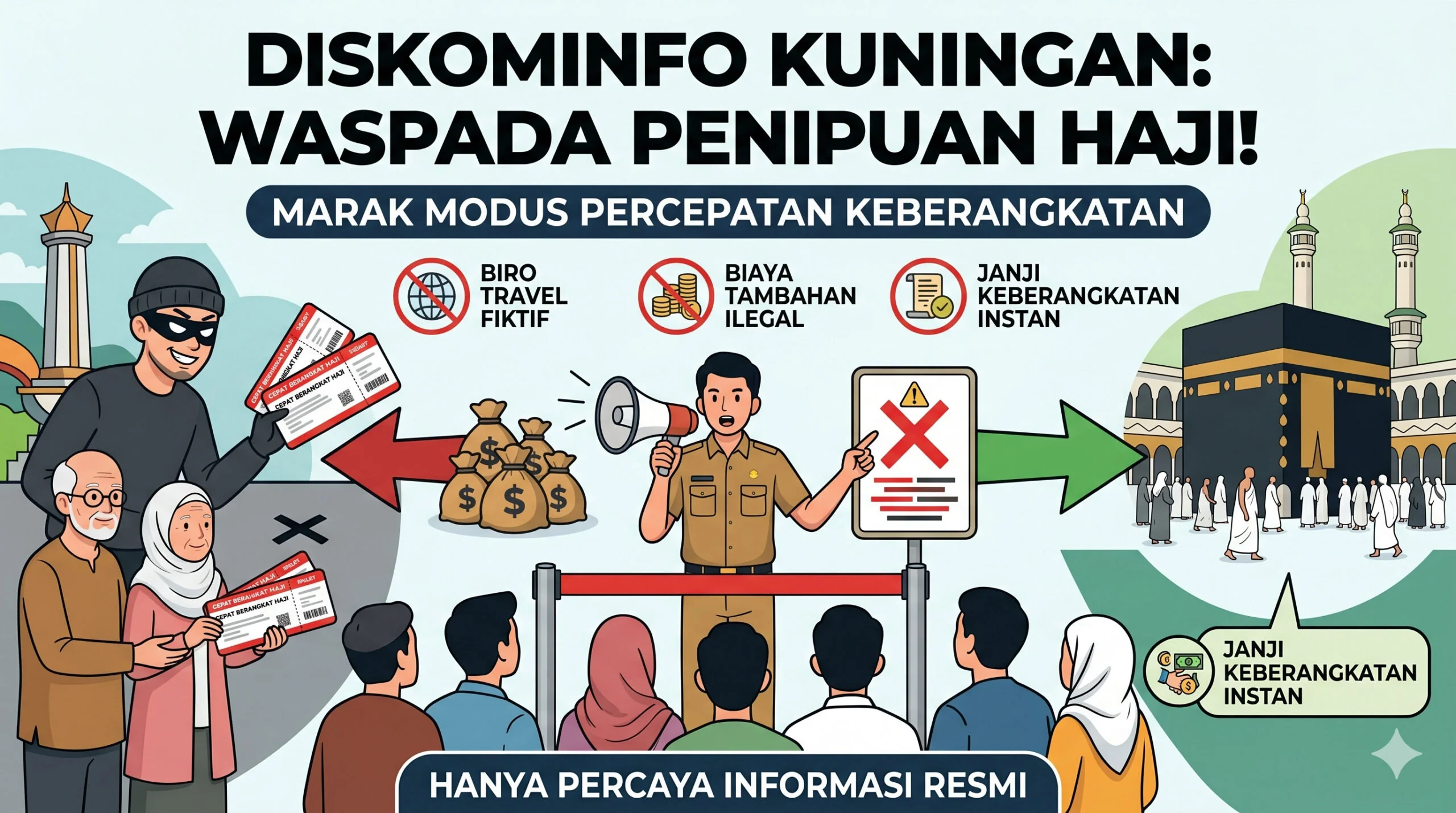 Dinas Komunikasi dan Informatika (Diskominfo) Kabupaten Kuningan secara resmi mengeluarkan peringatan kepada masyarakat, khususnya calon jemaah haji, untuk meningkatkan kewaspadaan menyusul maraknya praktik penipuan yang mengatasnamakan layanan haji dan i