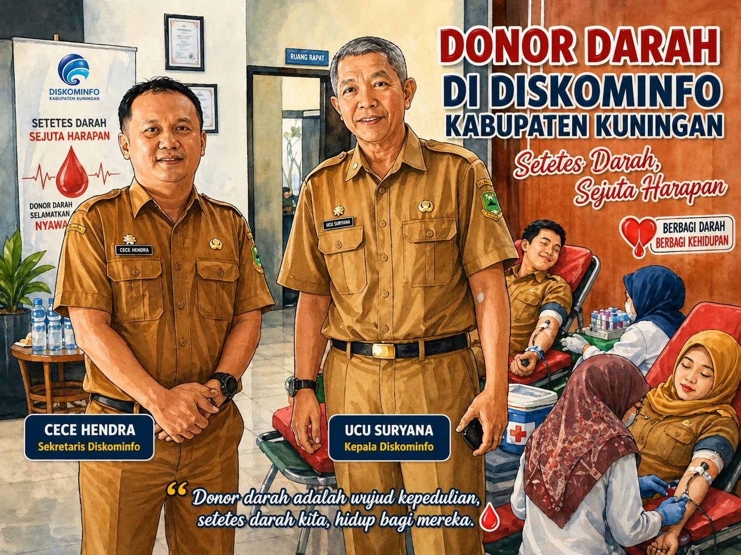 Kepala Dinas Komunikasi dan Informatika Kabupaten Kuningan, Ucu Suryana, dalam keterangannya menyampaikan bahwa kegiatan donor darah ini tidak hanya menjadi agenda sosial, tetapi juga bagian dari upaya membangun nilai empati dan solidaritas di lingkungan