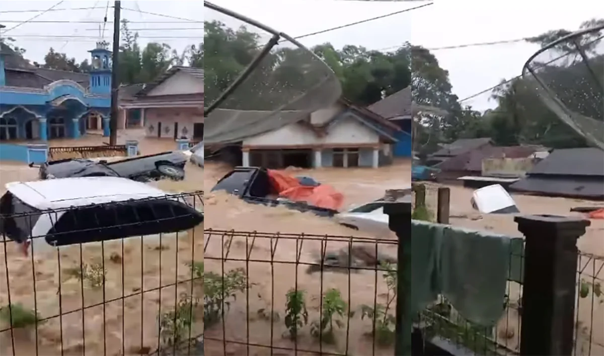 Banjir yang melanda Kabupaten Sukabumi menenggelamkan rumah dan kendaraan hanyut