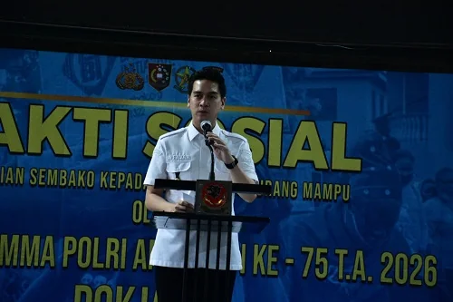 Wakil Bupati Sumedang M. Fajar Aldila menghadiri kegiatan Bakti Sosial Peserta Didik Praktik Kerja Profesi (PKP) Kelompok Belajar V Sekolah Staf dan Pimpinan Pertama (Sespimma) Polri Angkatan ke-75 Tahun 2026 di Gedung Serbaguna Polres Sumedang.Dok-Diskom