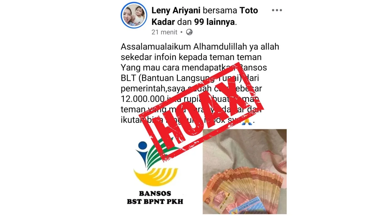 Pemerintah Kabupaten Kuningan menegaskan bahwa informasi yang beredar di media sosial terkait pencairan Bantuan Sosial BLT sebesar Rp12.000.000 dengan cara mendaftar melalui pesan inbox pribadi adalah TIDAK BENAR (HOAKS).Dok-IKP Diskomimfo Kuningan