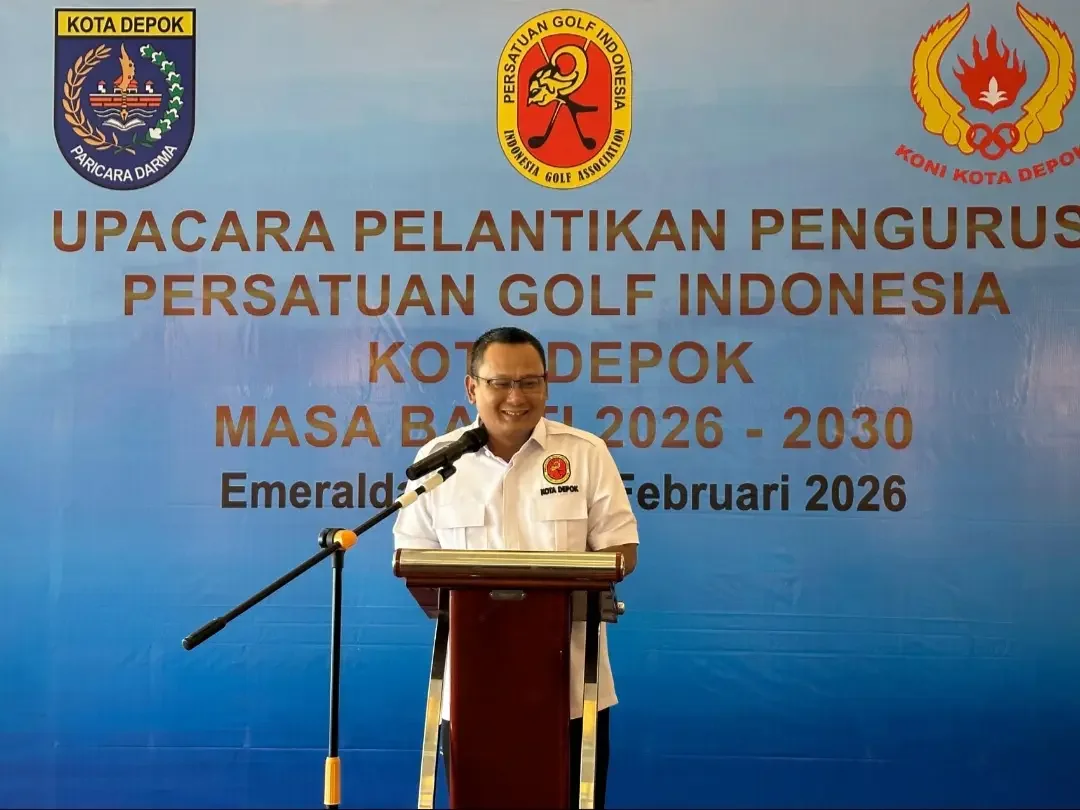 Ketua PGI Depok, Hamzah menyampaikan sambutan pada Pelantikan Pengurus PGI Kota Depok periode 2026-2030 di Emeralda Golf Club, Kecamatan Tapos, Rabu (11/02/26). (Foto : Diskominfo Depok).