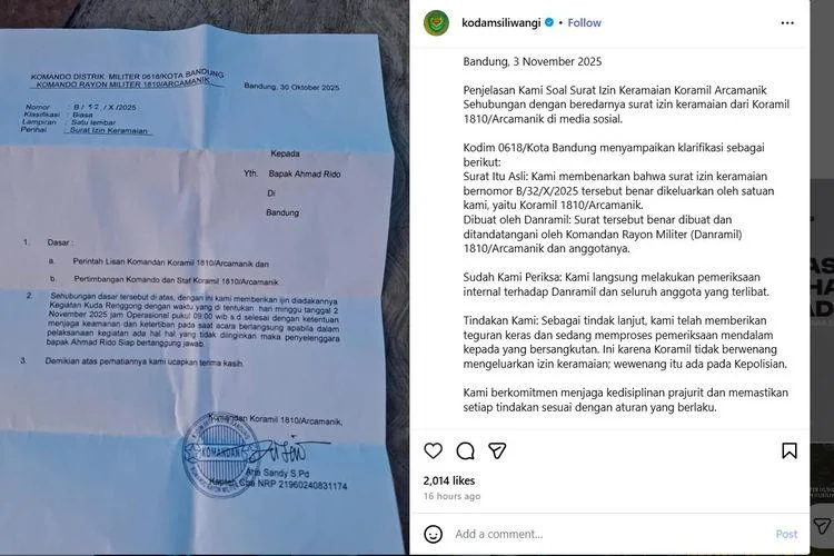 Kodim 0618/Kota Bandung memberikan klarifikasi terkait surat izin keramaian yang diterbitkan oleh Komando Rayon Militer (Koramil) 1810/Arcamanik, Kota Bandung, Jawa Barat. Surat itu juga mendapat sorotan dari mantan Menteri Koordinator Bidang Politik, Huk